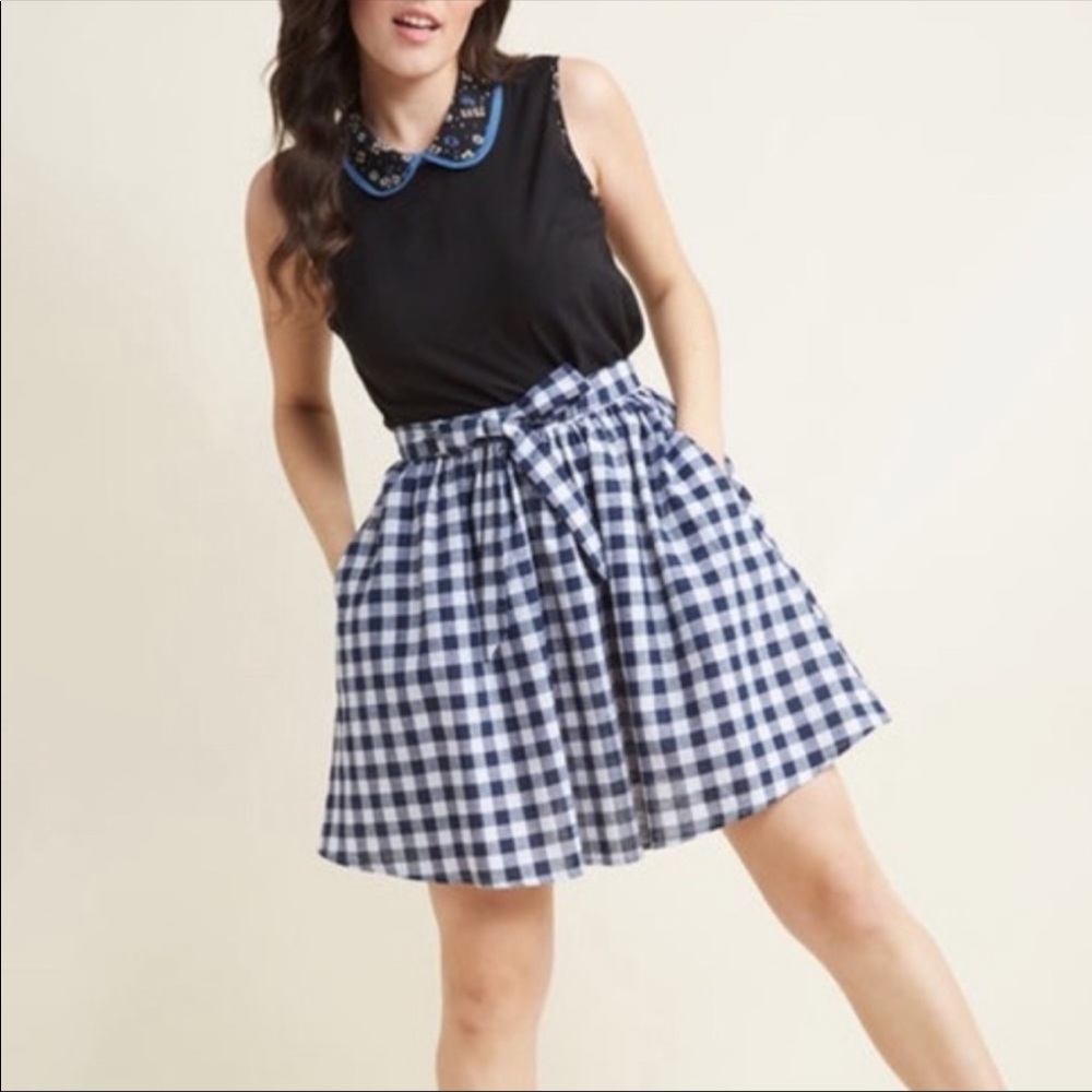MODCLOTH blue gingham tie waist skirt